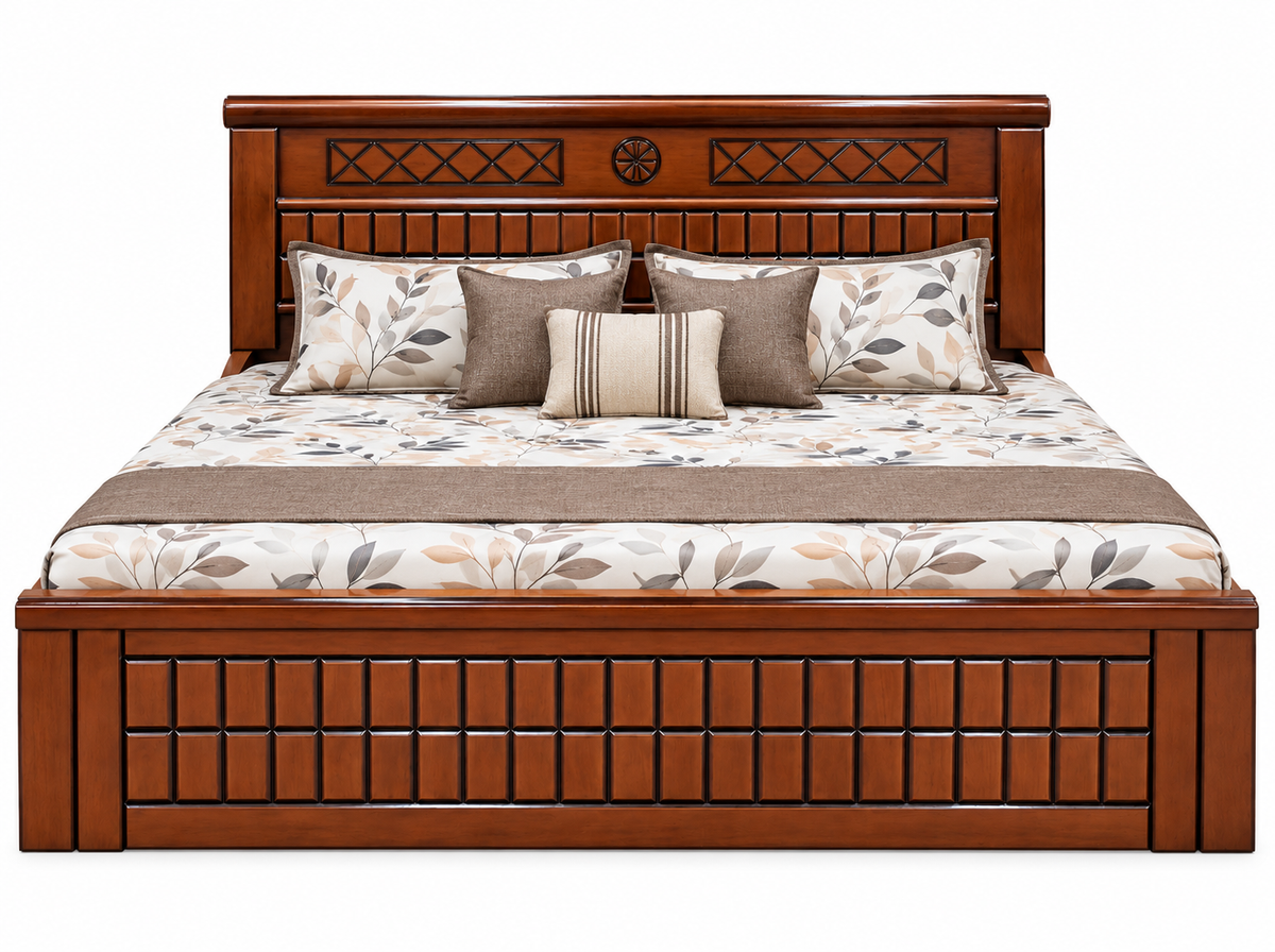 Premium Sagwan & Plywood King Size Wooden Bed | Brown Finish